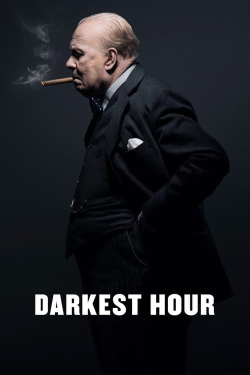 The poster features a stern, bald man in a dark suit smoking a cigarette against a shadowy background, evoking a sense of mystery and tension. The bold, white text "DARKEST HOUR" anchors the image, suggesting a dramatic and intense narrative.