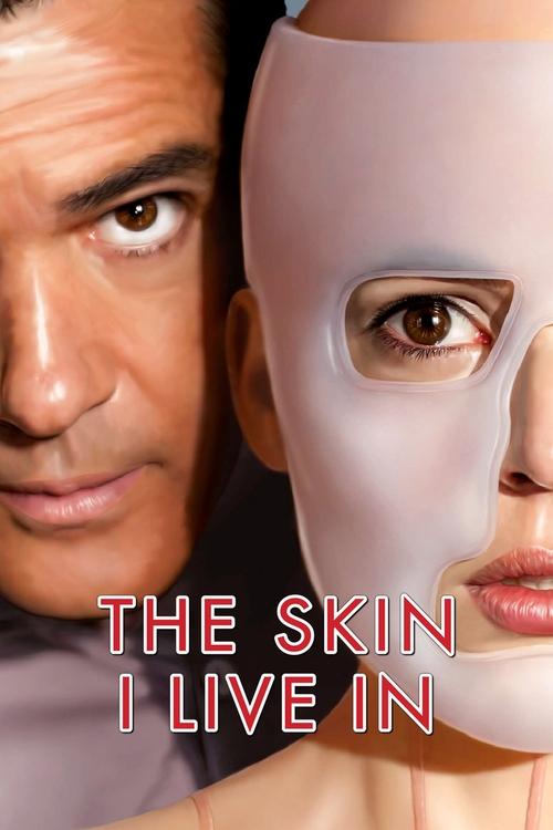 The poster features a close-up of two men, one with a serious expression and another with a mask covering his face. The pink and white color scheme creates a striking contrast, evoking a sense of mystery and intrigue. The title "The Skin I Live In" is prominently displayed in bold, red letters, h...