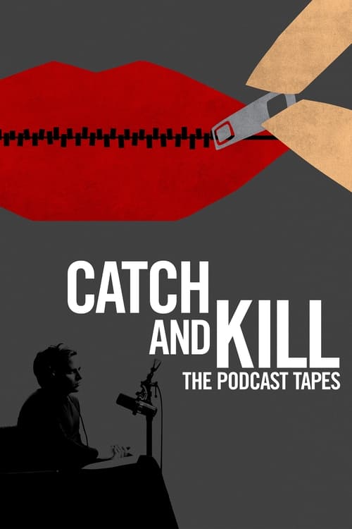 The poster features a silhouette of a person sitting at a desk with a microphone, set against a dark gray background. A large red lipstick blotch dominates the upper section, with a pair of hands holding a pen across it. The words "CATCH AND KILL" appear in bold white text, with "THE PODCAST TAPE...