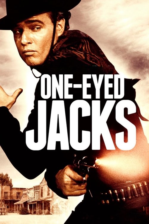 The poster features a rugged cowboy in a black hat and coat, holding a revolver with a determined expression. The bold, white title "ONE-EYED JACKS" dominates the center against a gritty, sepia-toned background. The overall mood is intense and adventurous, capturing the essence of a classic weste...