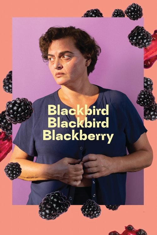 The poster features a woman with curly hair against a vibrant purple background, surrounded by blackberries. The text "Blackbird Blackbird Blackberry" is prominently displayed in bold yellow letters. The overall mood is playful and whimsical, with a playful and whimsical tone.