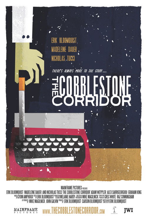 The poster features a mysterious figure in a white coat holding a typewriter against a starry night sky, evoking a noir atmosphere. The red typewriter stands out against the dark background, symbolizing mystery and intrigue. The title "The Cobblestone Corridor" is prominently displayed, hinting a...