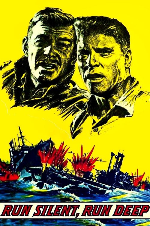 This poster features two men in dramatic poses against a stark yellow background, evoking a sense of tension and urgency. The scene below depicts a chaotic naval battle with explosions and ships, suggesting a war-torn setting. The bold red text at the bottom reinforces the film's theme of hiding ...