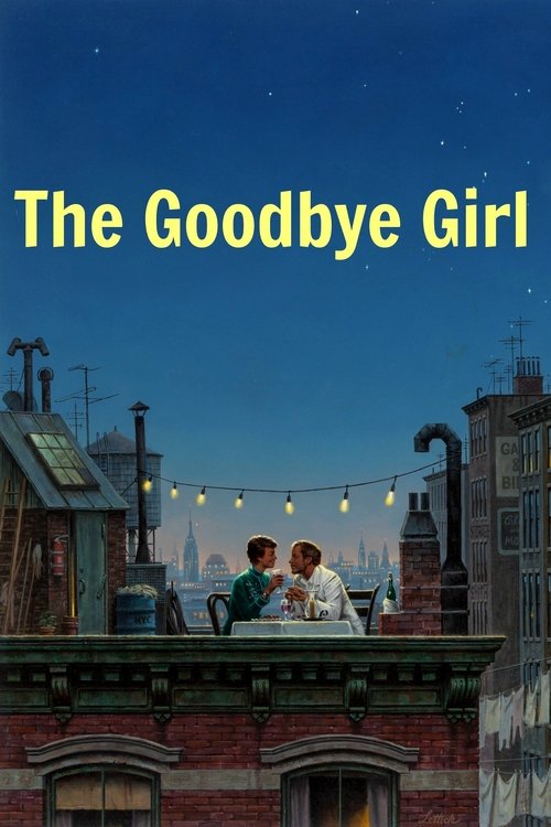 The Goodbye Girl poster features two characters sitting on a rooftop at night, with warm string lights hanging above. The deep blue sky and starry backdrop create a romantic yet melancholic mood, evoking themes of longing and separation.