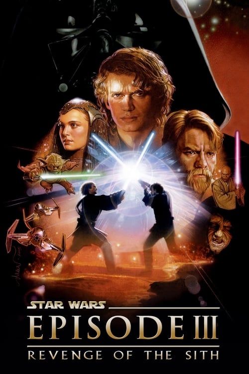 The poster features a dramatic scene with Luke Skywalker, Princess Leia, and Darth Vader in the foreground, surrounded by other characters like Darth Vader and Darth Sidious. The colors are dark with vibrant accents of red, blue, and gold, creating a mysterious and epic atmosphere. The mood is in...