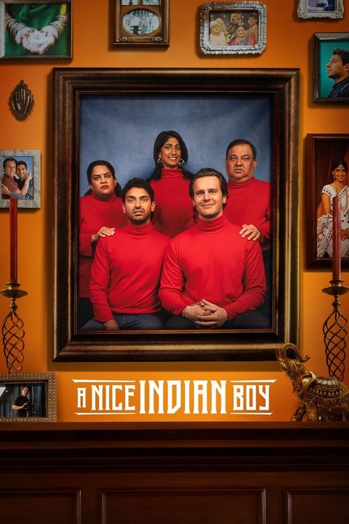 The poster features a group of four men in matching red shirts standing before a large framed portrait of the same group. The warm orange wall and decorative items create a cozy, nostalgic atmosphere. The title at the bottom reads "A Nice Indian Boy" in bold, white letters.