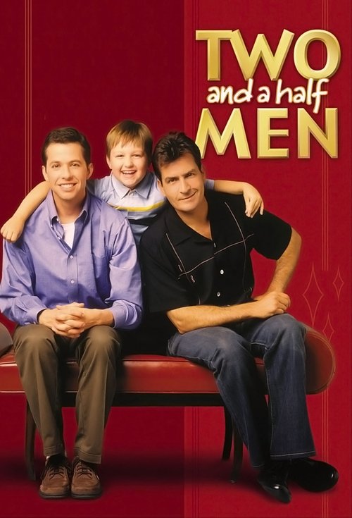 The poster features three men and a child on a red couch against a vibrant red background. The men exude a warm, familial mood, while the child adds a touch of innocence. The bold, golden text "Two and a Half Men" stands out prominently, capturing the show's energetic and humorous essence.