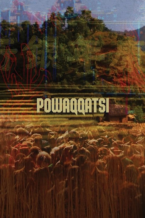 The poster features a vibrant, dreamlike landscape with golden wheat fields and lush green hills, evoking a sense of tranquility and natural beauty. The title "POWAQQATSI" is prominently displayed in bold, golden letters, suggesting a blend of traditional wisdom and modern spirituality. The overa...