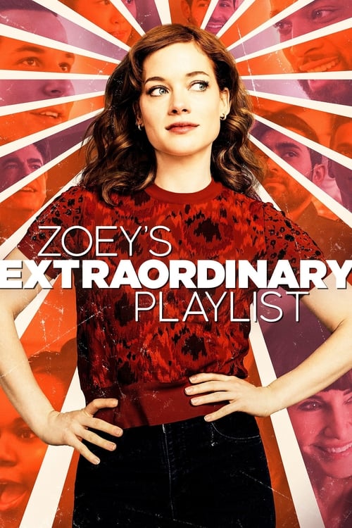 The poster features a woman with dark hair against a vibrant, sunburst background of warm reds and oranges. She wears a red patterned top and black pants, with hands on hips. The text "Zoey's Extraordinary Playlist" is prominently displayed in white. The overall mood is energetic and playful.