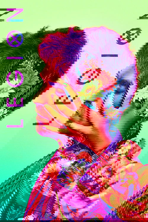 The poster features a striking portrait of a man with vibrant purple hair and floral accessories, set against a gradient background transitioning from green to teal. The title "LEGION" is prominently displayed in bold, vertical letters. The overall composition exudes a mysterious and artistic moo...