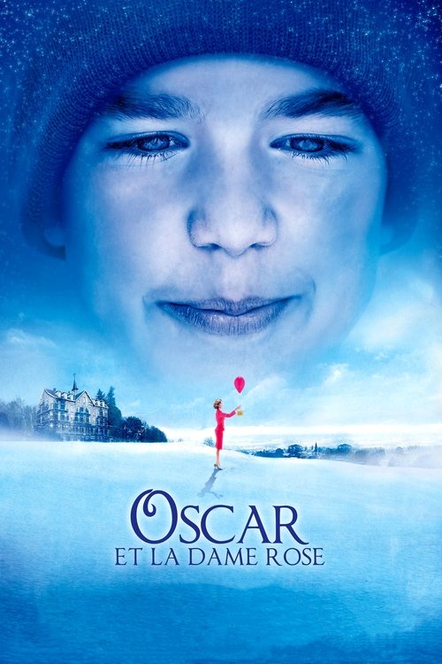 The poster features a close-up of a young boy's face against a serene winter landscape, evoking a sense of innocence and wonder. The soft blue tones and gentle expressions create a dreamlike atmosphere, while the title "Oscar and the Lady in Pink" hints at a magical and heartwarming story.