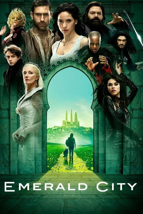 The poster features a dramatic, atmospheric scene with a woman in a white dress standing before a grand archway, inviting viewers to explore the mysterious Emerald City. The color palette is rich with deep greens and golds, evoking an ancient, mystical atmosphere. Surrounding the central figure a...