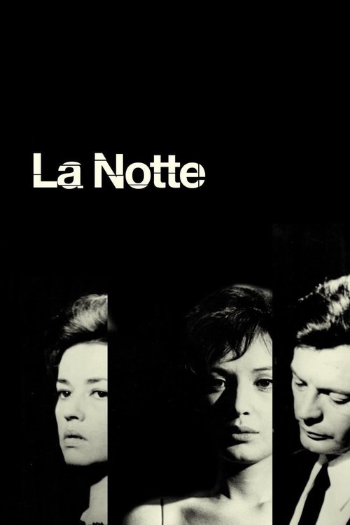 The poster features three silhouetted figures against a stark black background, evoking mystery and suspense. The minimalist design emphasizes the film's dramatic tone, with the title "La Notte" prominently displayed in white text.