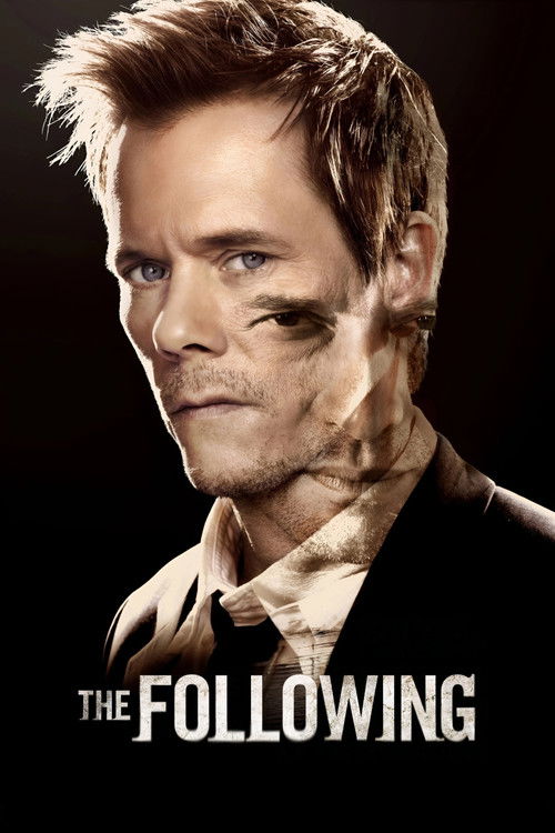 The poster features a close-up of a man with dark, smudged makeup, exuding a gritty and mysterious mood. The dark background contrasts with the man's pale skin and intense gaze, creating a suspenseful atmosphere. The title "THE FOLLOWING" is prominently displayed in bold white letters at the bottom.