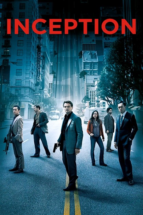 The poster features a group of six characters standing on a city street, with the title "INCEPTION" prominently displayed in bold red letters. The scene is set in a foggy, urban environment with muted blue tones, creating a mysterious and suspenseful atmosphere. The characters are dressed in form...