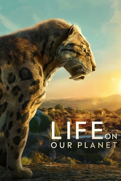 The poster features a majestic jaguar in a golden sunset setting, symbolizing the natural world. The text "Life on Our Planet" is prominently displayed, emphasizing the show's focus on wildlife conservation. The warm colors evoke a sense of hope and connection to nature.