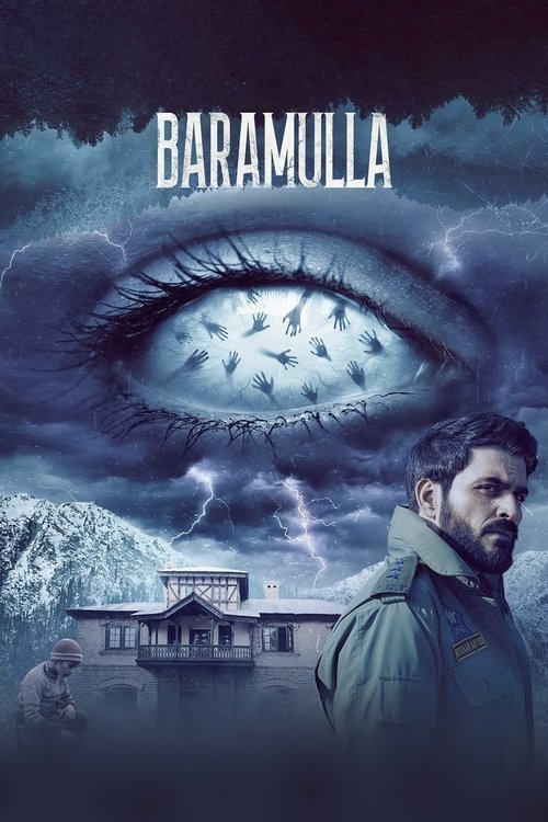 The poster features a man in a green jacket against a dark, stormy sky with a massive, ethereal eye dominating the upper portion. Below, a snowy mountainous landscape and a small house add to the cold, mysterious atmosphere. The overall mood is eerie and suspenseful, hinting at a horror or thrill...