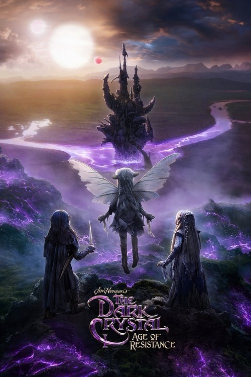 The poster depicts a dramatic scene with three figures standing on a rocky outcrop, gazing upward at a majestic, dark castle looming in the sky. The scene is bathed in mystical purple and violet hues, creating an ethereal and otherworldly atmosphere. The mood is one of wonder and anticipation, su...