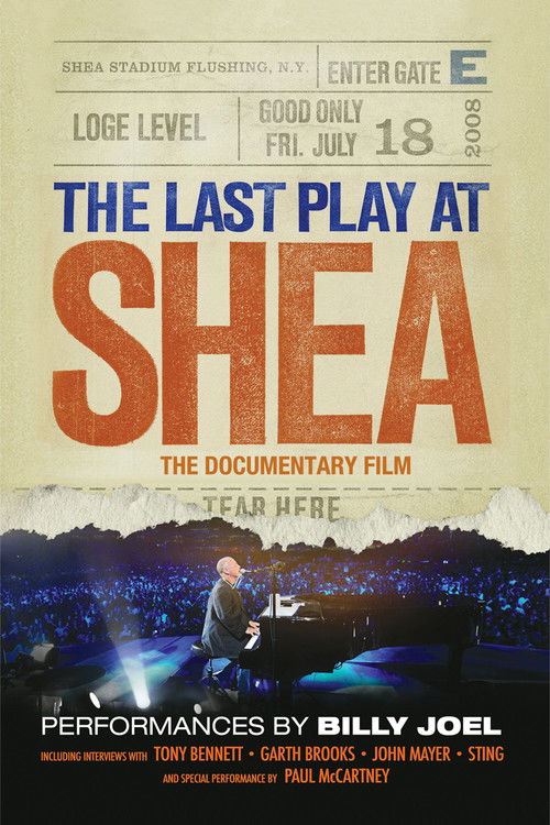 The poster features a dramatic scene with a man in a suit playing a guitar at Shea Stadium, surrounded by an audience. The colors are vibrant, with the orange text of "The Last Play at Shea" standing out against the dark stadium backdrop. The mood is intense and nostalgic, capturing the essence o...