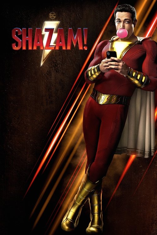 The poster features Shazam in a heroic pose, wearing a red and gold suit with a white cape. The background is dark with glowing red and gold streaks, creating a dramatic and intense mood. The title "SHAZAM!" is prominently displayed in bold red letters.
