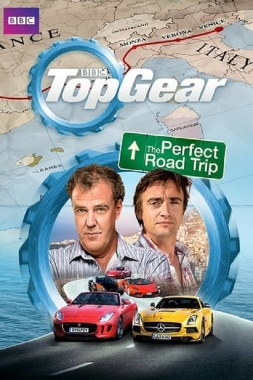The poster features two men in a blue car against a map background, with a yellow car in the foreground. The mood is adventurous and humorous, capturing the essence of a road trip adventure.