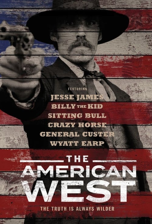 This poster features a rugged cowboy in a black hat, holding a gun against a backdrop of the American flag. The bold red and white stripes evoke a sense of patriotism and historical drama, while the gritty, weathered textures suggest a serious and intense narrative. The title "The American West" ...