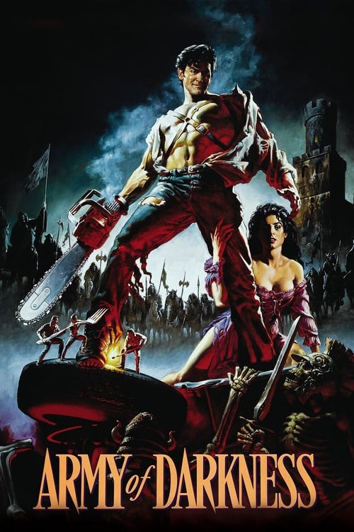 This movie poster for "Army of Darkness" features a dramatic scene with a man wielding a chainsaw and a woman in a red dress, set against a dark, stormy backdrop. The ominous colors and intense action suggest a thrilling, possibly horror-themed adventure.