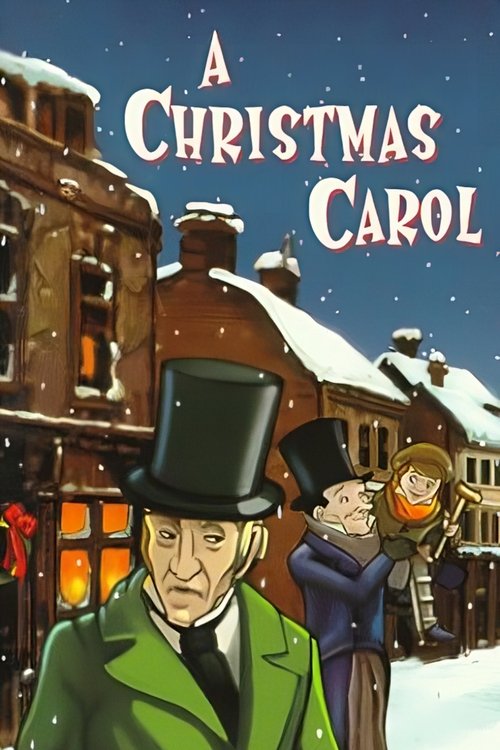 This festive poster captures the whimsical charm of "A Christmas Carol" with its charming, slightly cartoonish style. The scene features a cheerful man in a top hat and green coat, surrounded by other characters dressed in winter attire. Snow-covered rooftops and warm glowing windows evoke a cozy...