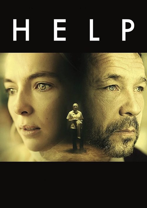 The poster features a split image of two men, one with a concerned expression and the other with a serious look. The title "HELP" is prominently displayed at the top in bold white letters against a black background. The muted colors and shadowy tones evoke a somber and reflective mood, suggesting...