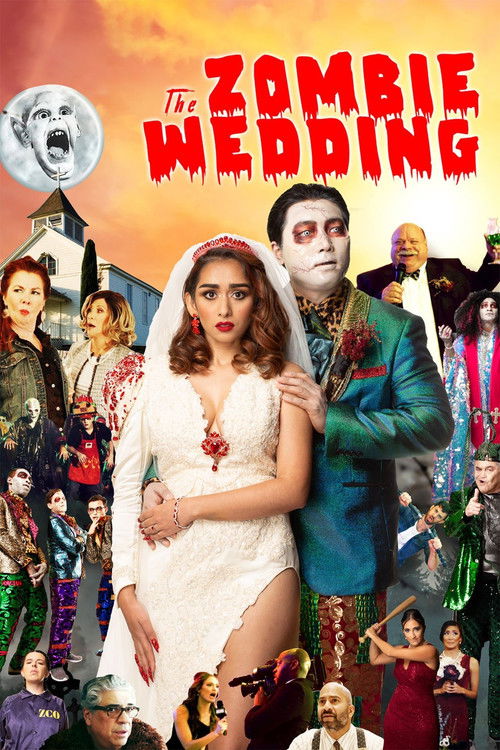 The zombie wedding poster features a bride and groom surrounded by grotesque, colorful zombies, creating a surreal and eerie atmosphere. The bright red title contrasts with the dark, spooky figures, while the warm sunset background adds to the dramatic and unsettling mood.