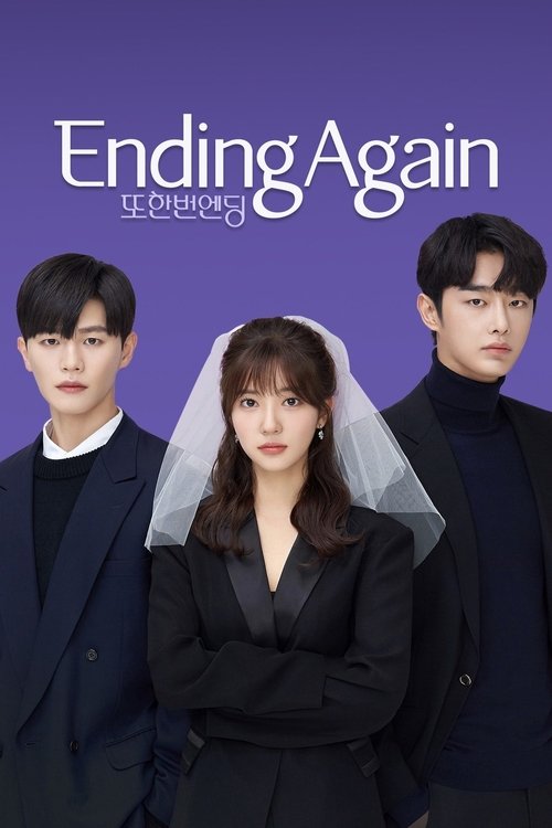 The poster features three individuals in formal black attire against a deep purple background, evoking a somber yet hopeful mood. The title "Ending Again" is prominently displayed in elegant white lettering, suggesting a narrative of resilience and renewal.