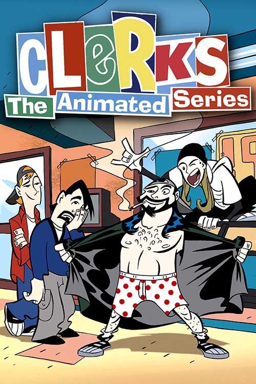 The poster features a chaotic scene with four animated characters in colorful, exaggerated poses against a vibrant background. The characters display a range of expressions and actions, suggesting humor and comedy. The bold, playful typography of the title "Clerks" adds to the lively and energeti...