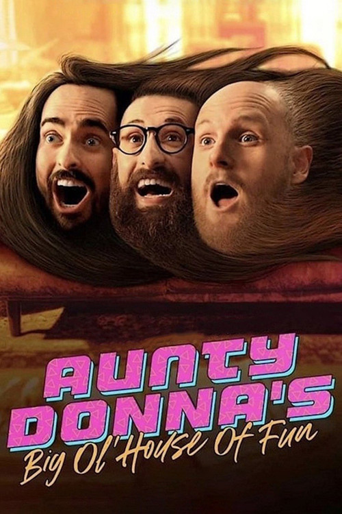 The poster features three animated characters with exaggerated, joyful expressions against a warm, golden background. The title "Aunty Donna's Big Ol House of Fun" is prominently displayed in playful, colorful lettering. The overall mood is lighthearted and fun, capturing the essence of a family-...