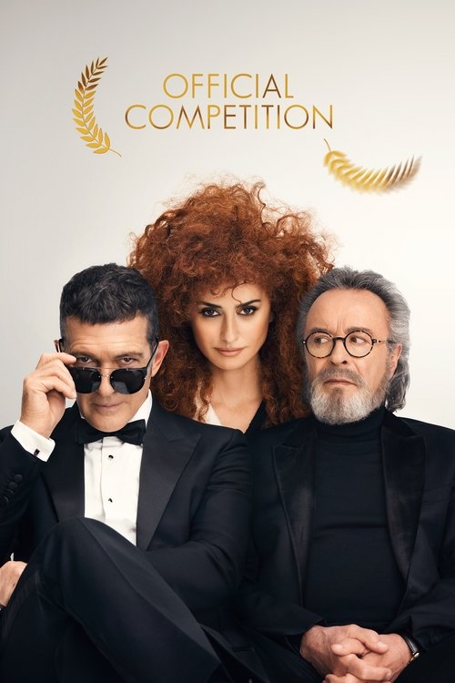 The poster features three elegantly dressed individuals in black suits, exuding sophistication against a minimalist white background. Golden laurel wreaths frame the text "OFFICIAL COMPETITION," suggesting a prestigious award. The mood is formal and celebratory, hinting at a high-stakes competiti...