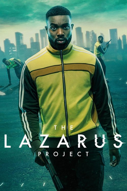 The poster features a muscular man in a yellow tracksuit standing prominently against a city skyline backdrop. The scene exudes a gritty, urban atmosphere with muted greens and blues, suggesting tension and mystery. The title "The Lazarus Project" is boldly displayed in white text, hinting at a d...
