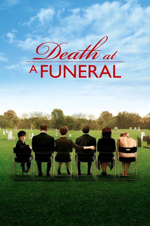 The poster depicts a somber funeral scene with six mourners seated in chairs facing away from the camera, their backs turned to the viewer. The image is dominated by a serene blue sky with scattered clouds, contrasting with the dark green grass and the solemn black chairs. The title "Death at a F...