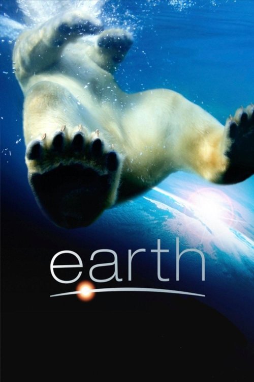 The poster features a majestic polar bear swimming underwater, its sharp teeth and white fur contrasting against the deep blue ocean. The word "earth" appears in elegant white letters at the bottom, accompanied by a glowing orange sun, evoking a serene yet mysterious mood.