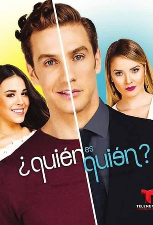The poster features a split image of the main characters, with a man in a maroon sweater on the left and a woman in a black shirt on the right. The title "¿Quién es quién?" is prominently displayed in stylized text. The background is a gradient of warm colors, creating a vibrant and engaging atmo...