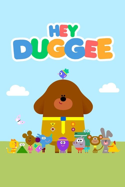 This cheerful TV poster features a friendly brown dog, Duggee, standing proudly in front of a colorful group of children. The bright blue sky and fluffy white clouds add to the playful and welcoming atmosphere. The vibrant colors and cartoon-style design evoke a sense of joy and fun, perfect for ...