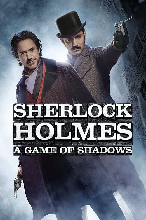 The poster features two men in period attire, one in a bowler hat and the other in a suit, both holding pistols. The dark, moody atmosphere with smoky tones and shadowy figures evokes a suspenseful, noir aesthetic. The title "Sherlock Holmes" is prominently displayed in bold, white lettering, emp...