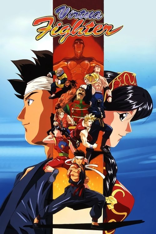 This vibrant TV show poster for "Virtua Fighter" features dynamic characters in bold colors against a blue ocean backdrop. The composition highlights the action-packed nature of the game, with energetic poses and a sense of excitement.