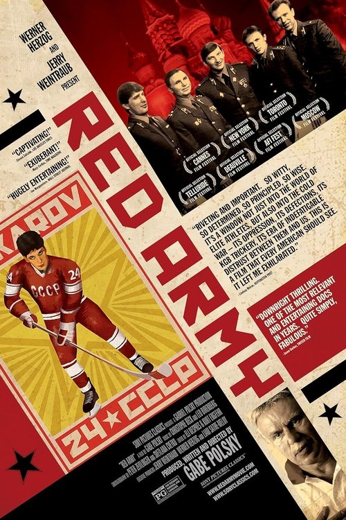 The poster features a dramatic scene with a hockey player in a red uniform, surrounded by a group of men in dark suits. Bold red and yellow colors dominate the design, creating a sense of urgency and intensity. The mood is intense and action-oriented, reflecting the film's themes of conflict and ...