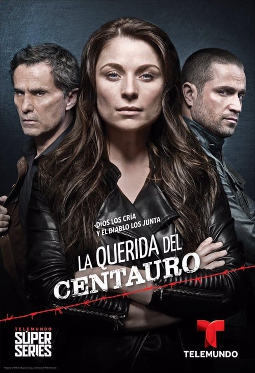 The poster features three men and a woman in dramatic poses, with a dark, moody atmosphere. The woman in the center wears a black outfit, while the men around her are dressed in leather jackets. The title "La Querida del Centauro" is prominently displayed in bold, white letters. The overall mood ...