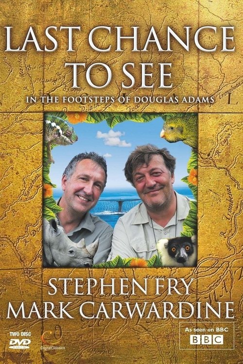 The poster features Stephen Fry and Mark Carwardine smiling against a warm, golden background with tropical foliage. The vibrant colors evoke a nostalgic, adventurous mood, hinting at the show's blend of humor and heartwarming stories.