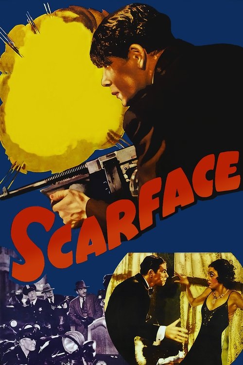 This movie poster for "Scarface" features a gritty, intense scene with a man in a black suit holding a gun, set against a backdrop of a yellow explosion and a crowd. The bold red title "Scarface" dominates the lower portion, while the bottom right shows a dramatic confrontation between two men. T...