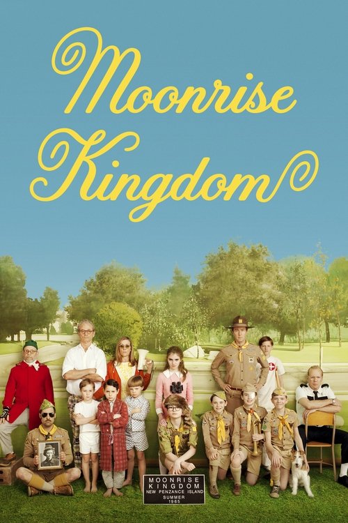 The poster features a vibrant group of children and adults in a lush green park setting, with the title "Moonrise Kingdom" elegantly written in golden script against a clear blue sky. The warm colors evoke a nostalgic, joyful mood, capturing the essence of childhood adventure and family bonding.