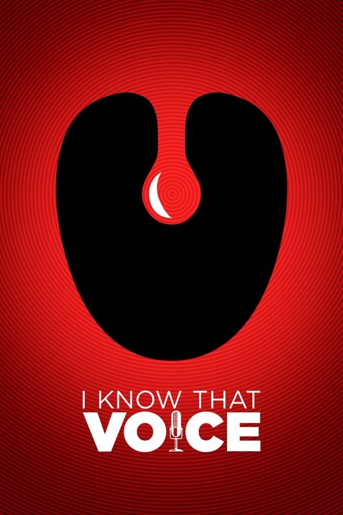 The poster features a striking black silhouette of a person against a vibrant red background, with a faint crescent moon peeking out from the person's mouth. The bold white text "I KNOW THAT VOICE" anchors the image, evoking a sense of mystery and intrigue.
