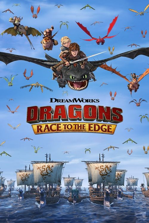 The poster features a dramatic scene with dragons soaring above a bustling shipyard, capturing the adventurous spirit of the show. The vibrant colors and dynamic composition evoke a sense of epic fantasy and excitement.