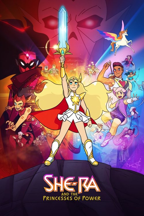 The poster features a heroic She-Ra holding a glowing sword, surrounded by other princesses in dynamic poses. Vibrant colors like red, gold, and purple create an energetic atmosphere. The mood is one of adventure and empowerment, capturing the essence of the show's action-packed storyline.