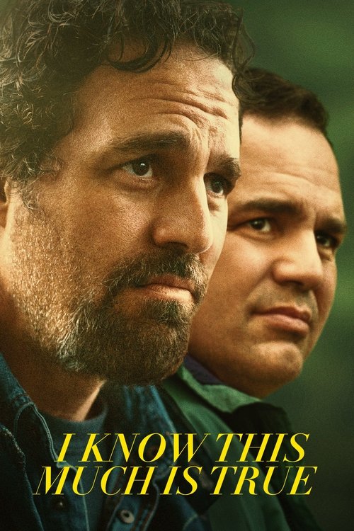 The poster features two men with intense expressions, one with a beard and the other without, set against a dark, moody background. The title "I Know This Much Is True" is prominently displayed in bold yellow text, conveying a sense of mystery and drama.